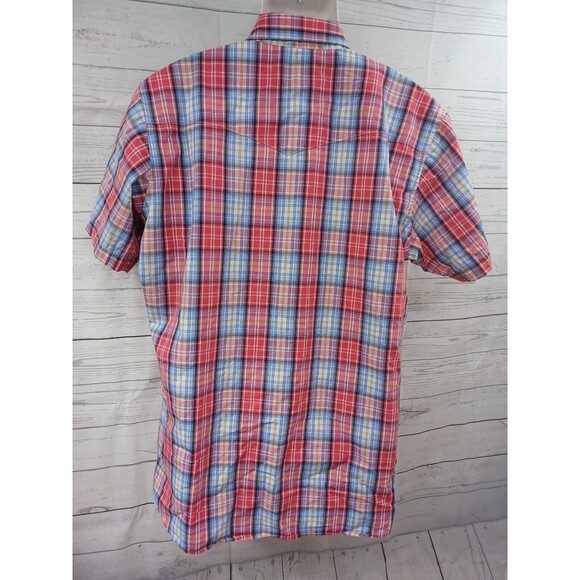 Wrangler American Cowboys Pearl Snaps Shirt Plaid Red Blue Short Sleeve XL - Picture 3 of 9